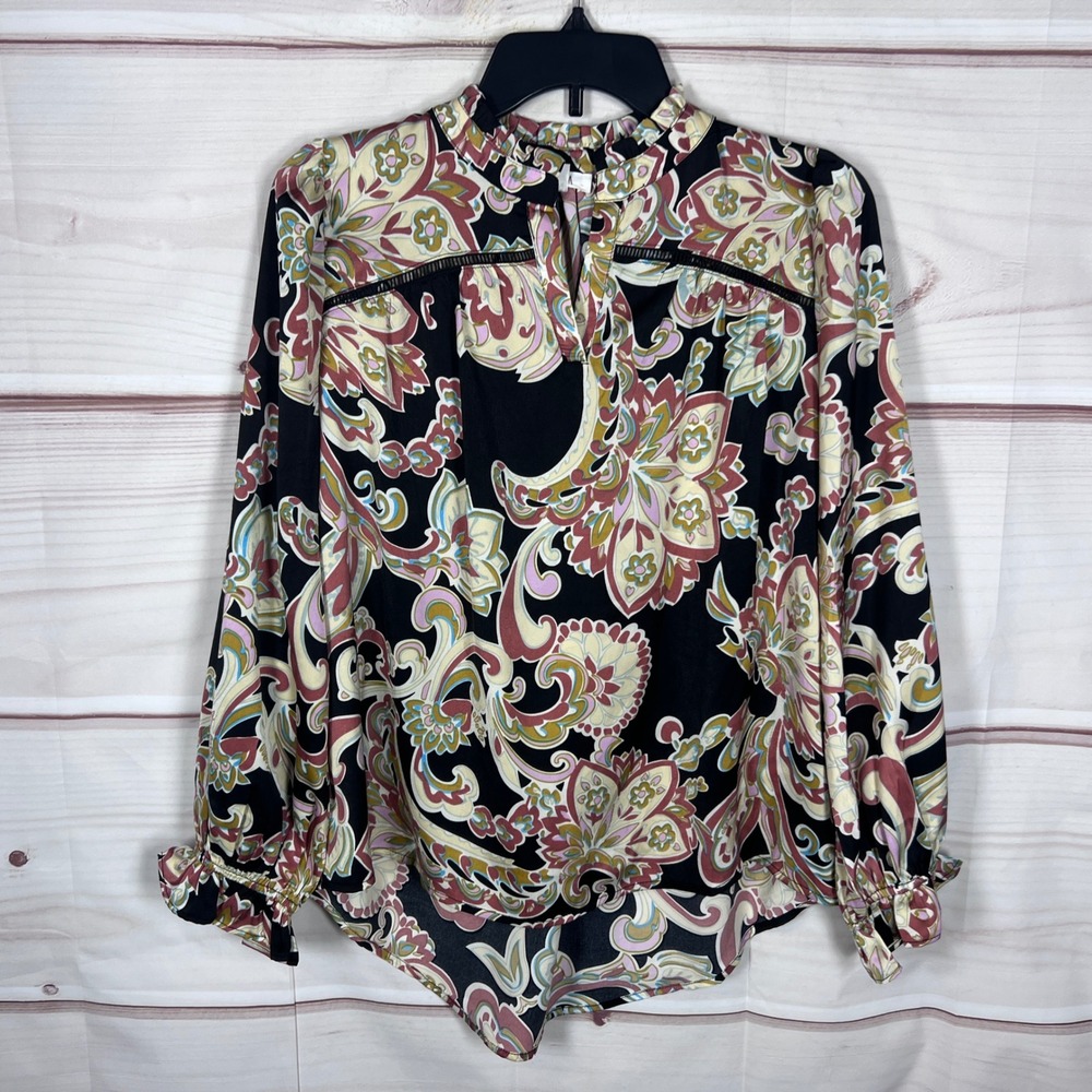 Avara Top Womens XS Black Paisley Long Sleeve Ruffle Neck Flowy Blouse Relaxed